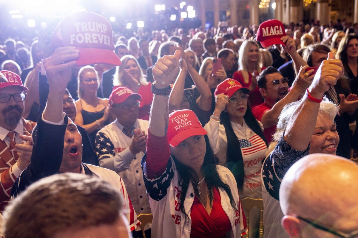 Supporters cheer for former President Trump during his 2024 campaign announcement in Palm Beach, Fla., on Nov. 15. 