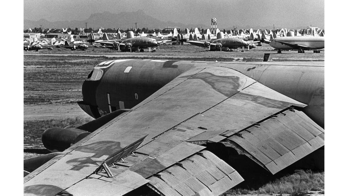 June 27, 1983: A B-52, foreground, sits with other aircraft at the storage yard at Davis-Monthan Air Force Base in Tucson.