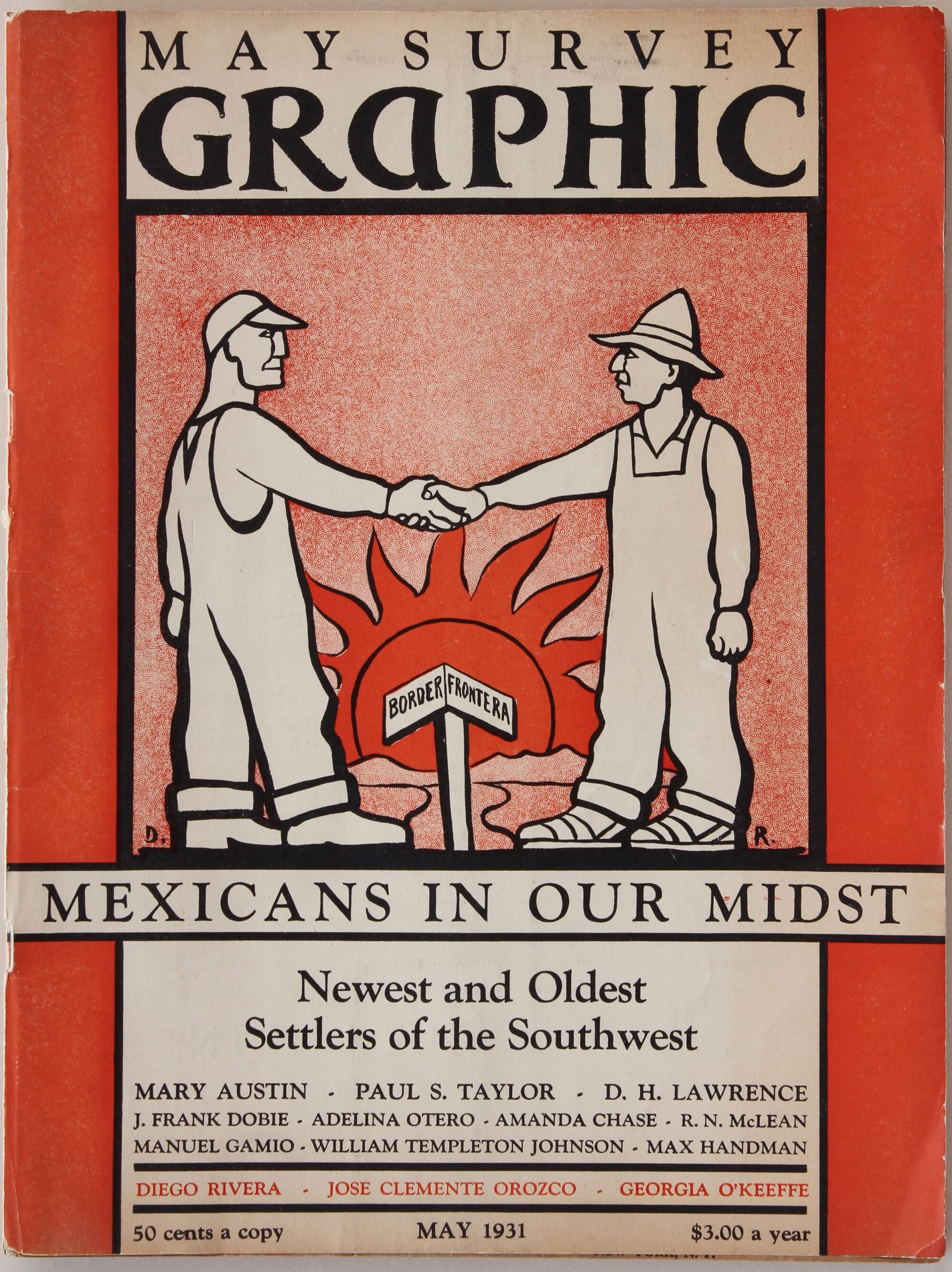 A journal cover features a graphic by Diego Rivera that shows an Anglo and Mexican worker in overalls shaking hands