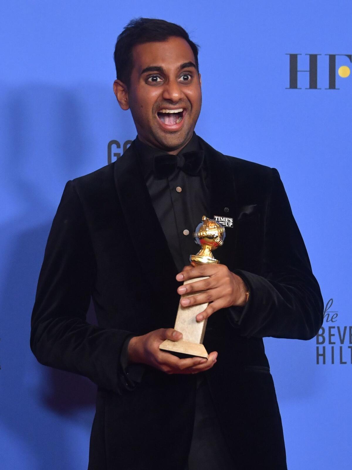 Actor Aziz Ansari backstage at the Golden Globes after his win.