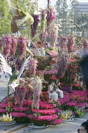 The very colorful "Our Wonderful Wistaria" by the Sierra Madre Rose Float Association won the Lathrop K. Leishman award for the most beautiful, non-commercial entry.