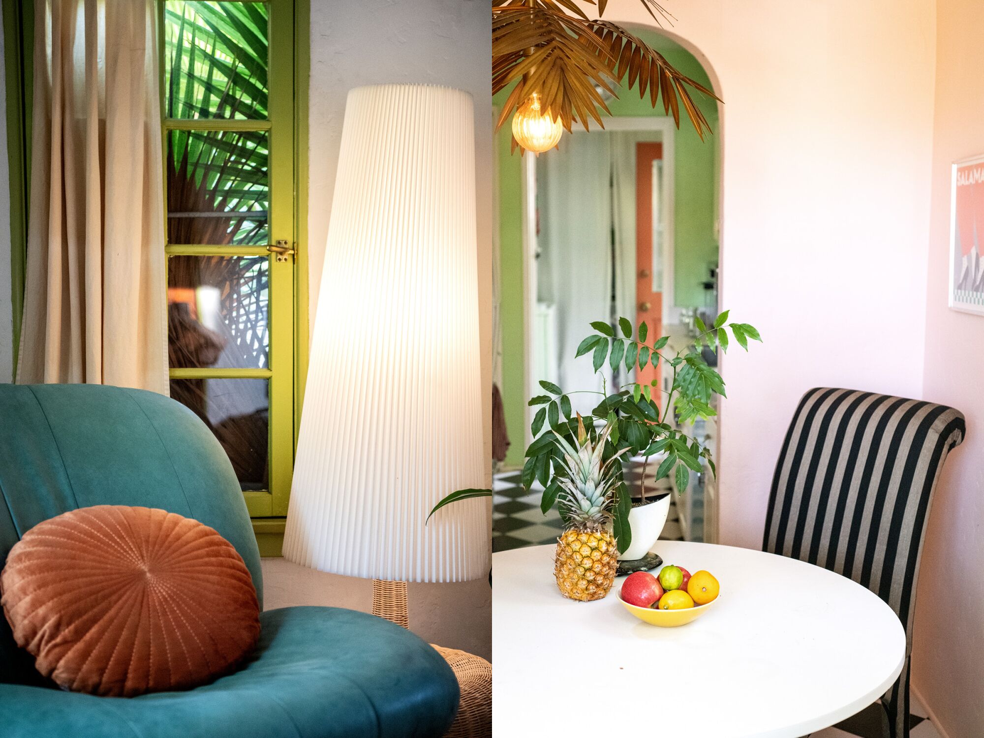 Two photos side by side of a chair in a living room, left, and the breakfast nook, right, colorfully decorated.