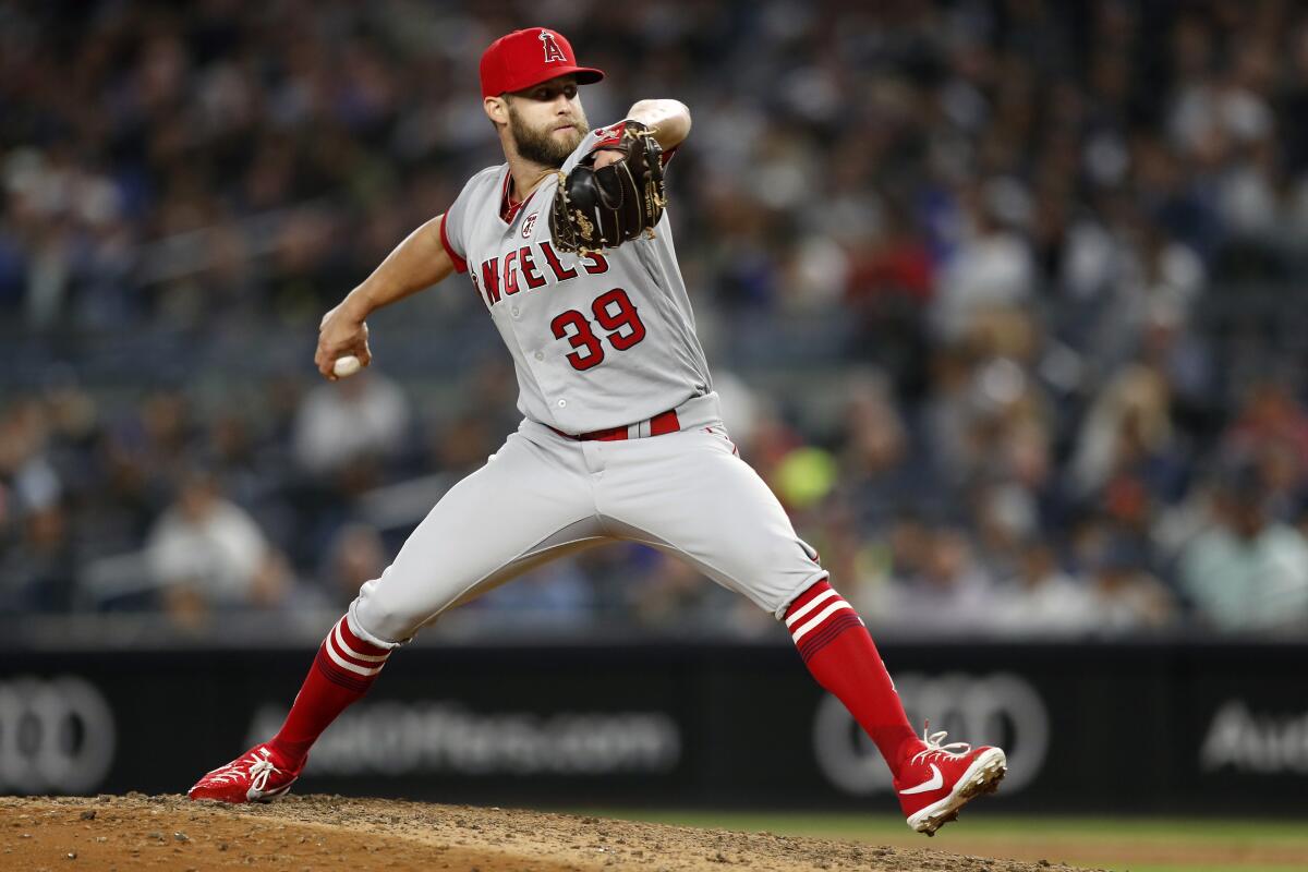 Angels pitcher Luke Bard delivers against the Yankees on Wednesday.