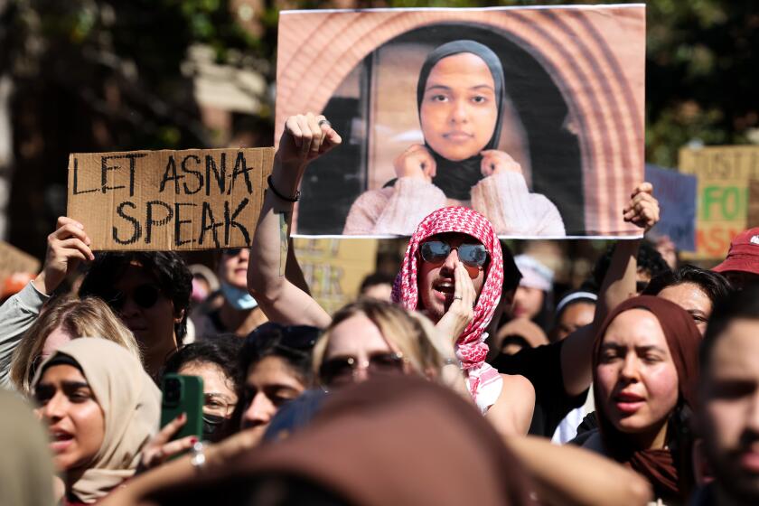 Los Angeles, California - April 18: USC students participate in a silent march in support of Asna Tabassum, whose graduation speech has been cancelled by USC administration at University of Southern California on Thursday, April 18, 2024 in Los Angeles, California. Asna Tabassum, a graduating senior at USC, was selected as valedictorian and offered a traditional slot to speak at the 2024 graduation. After on-and-off campus groups criticized the decision and the university said it received threats, it pulled her from the graduation speakers schedule.(Wally Skalij / Los Angeles Times)