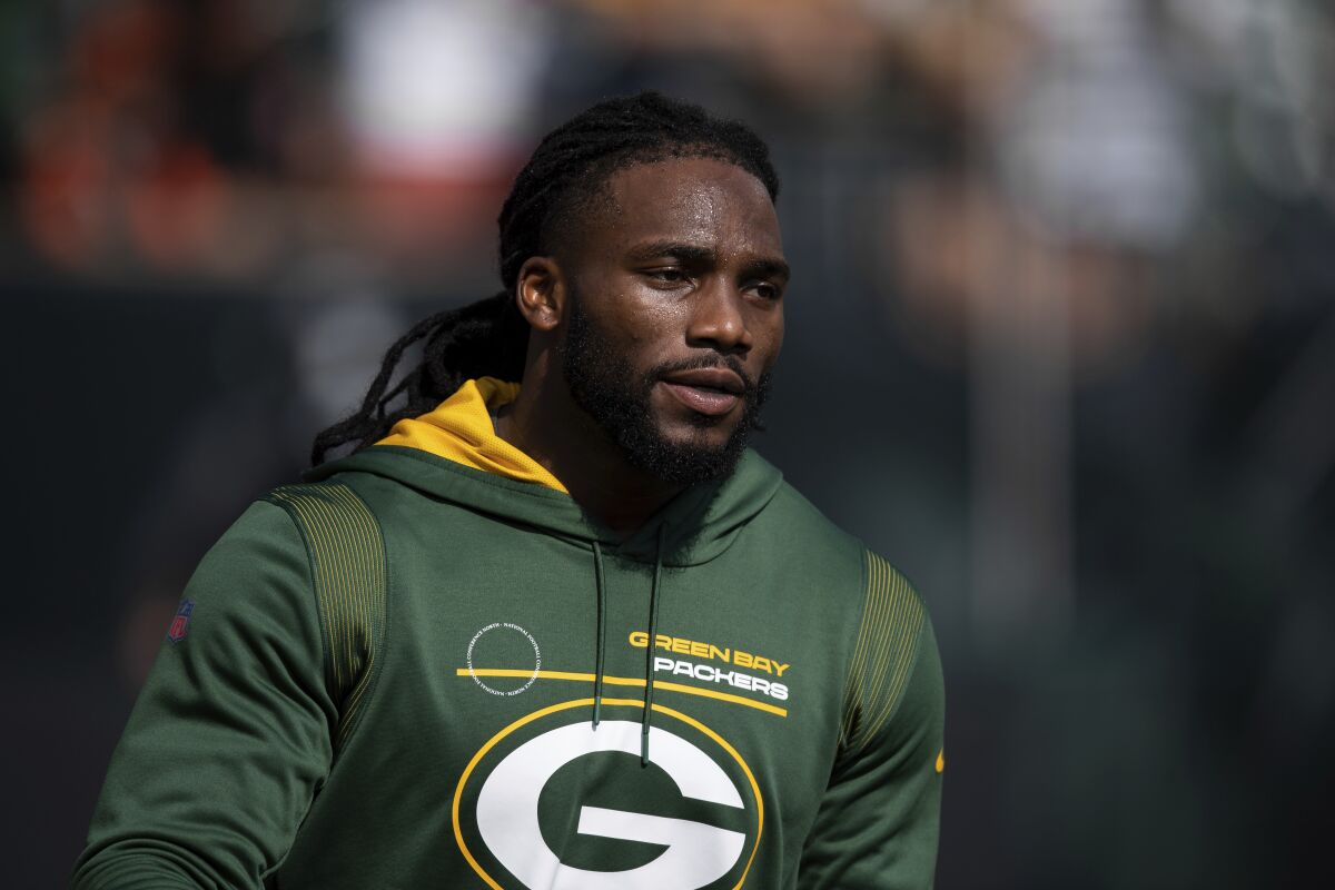 FILE - Green Bay Packers linebacker Jaylon Smith (9) warms up on the field before an NFL football game against the Cincinnati Bengals, Sunday, Oct. 10, 2021, in Cincinnati. The Green Bay Packers have released Jaylon Smith less than a month after signing the former Dallas Cowboys linebacker. Smith’s agent, Doug Hendrickson, confirmed Tuesday, Nov. 2, 2021, that the 26-year-old Smith has been released.(AP Photo/Zach Bolinger, File)