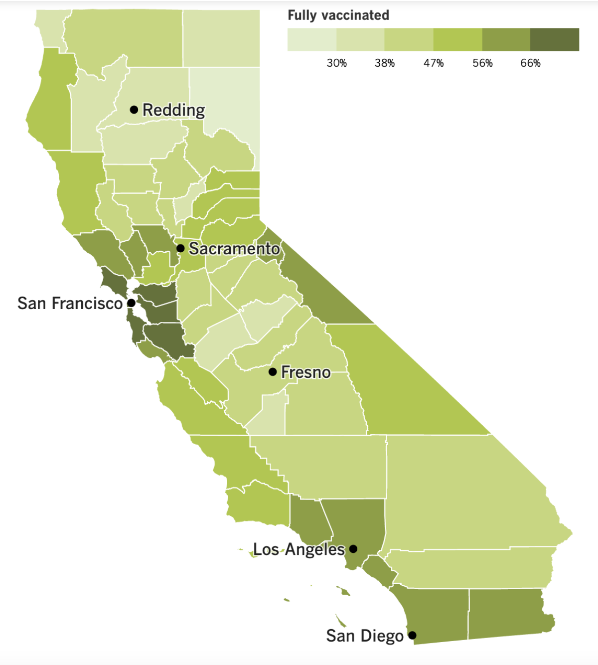 A map of California's vaccination progress by county.