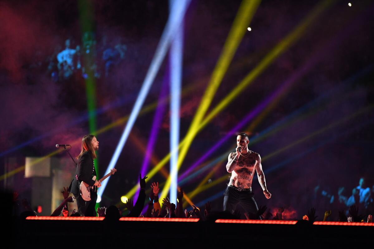 Maroon 5 performs songs including "Sugar" and "Moves Like Jagger" during the Super Bowl LIII halftime show at Mercedes-Benz Stadium in Atlanta on Feb. 3.