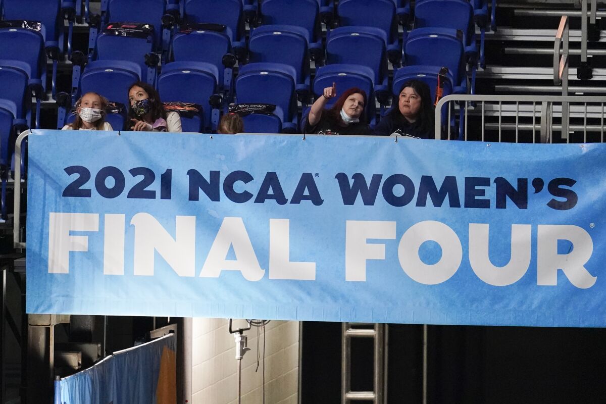 Fans watch from the stands during the championship game between Stanford and Arizona at the women's Final Four.