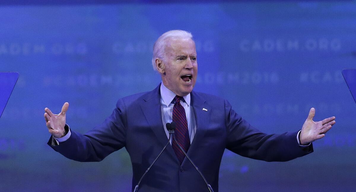 Vice President Joe Biden gestures while giving the keynote address at the California Democratic Party Convention.
