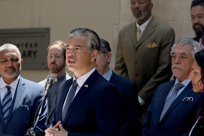 Los Angeles, CA - California Attorney General Rob Bonta hods a press conference at the L.A. Public Library on Tuesday, June 27, 2023, to announce the release of the 2022 Hate Crimes Report and ongoing efforts to combat hate and extremism. June 27: in Los Angeles on Tuesday, June 27, 2023 in Los Angeles, CA. (Luis Sinco / Los Angeles Times)