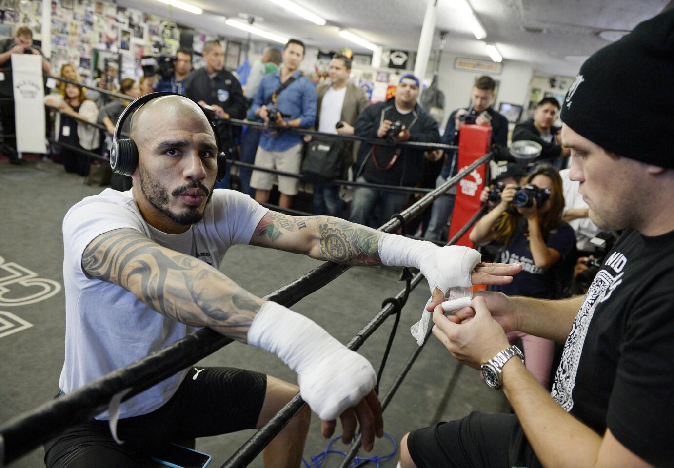 HOLLYWOOD CA - NOVEMBER 3: Boxer Miguel Cotto has his hands wrapped up before a media workout at Wild Card Boxing Club November 4, 2015, in Hollywood, California. Cotto and former WBC and WBA Super Welterweight World Champion Canelo Alvarez will face each other for the middleweight world championship on November 21 in Las Vegas, Nevada. (Photo by Kevork Djansezian/Getty Images) ** OUTS - ELSENT, FPG, CM - OUTS * NM, PH, VA if sourced by CT, LA or MoD **