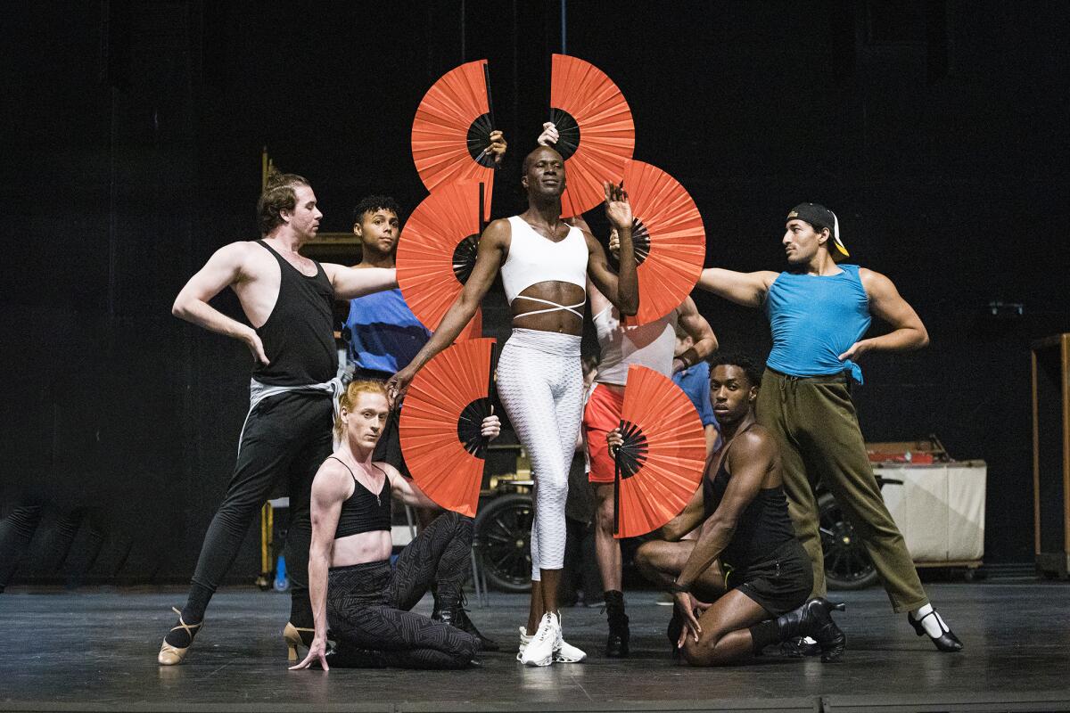 Terry LaVell, center, rehearses with the dance cast of Moonlight Stage Productions' "Kinky Boots."