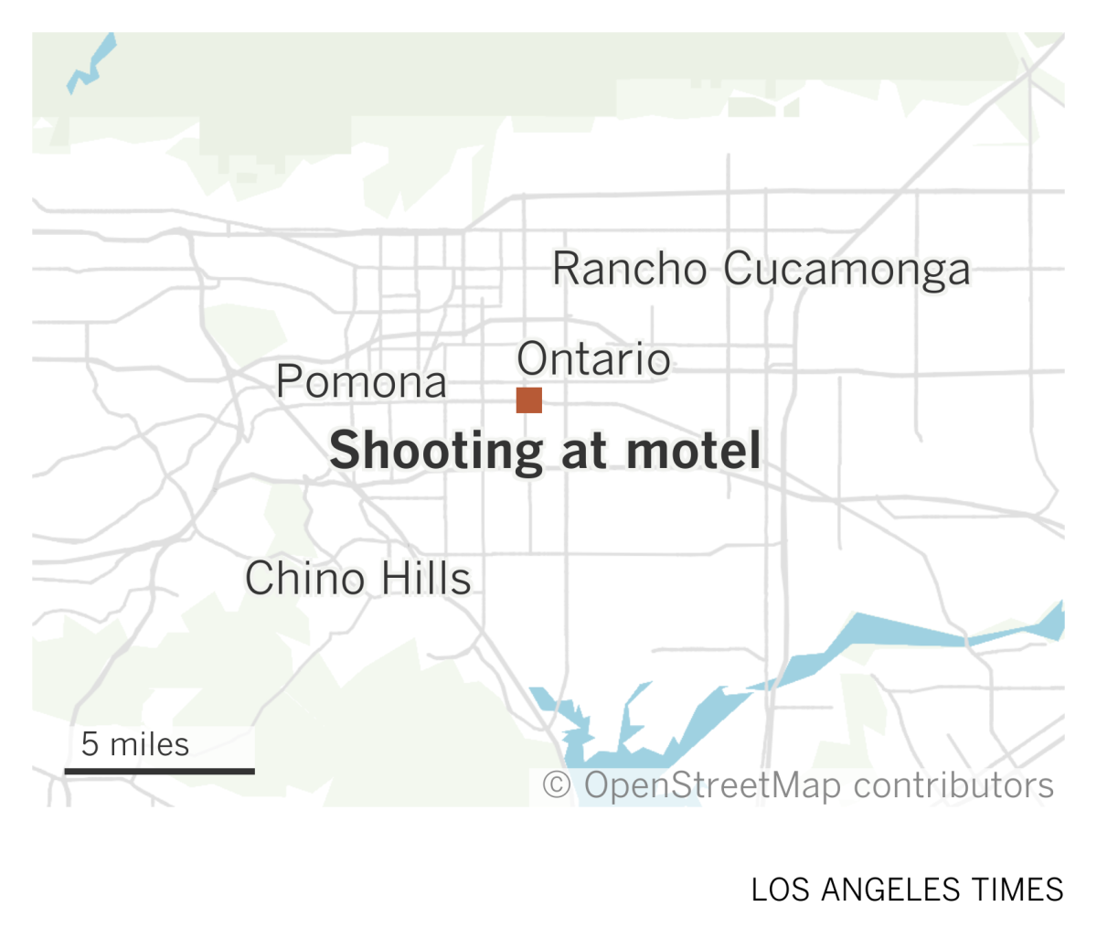 A map shows the location of a shooting at a motel in Ontario, California