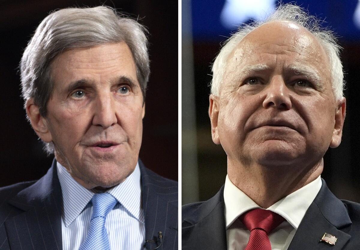 Side by side photos show John F. Kerry, left, and Tim Walz.