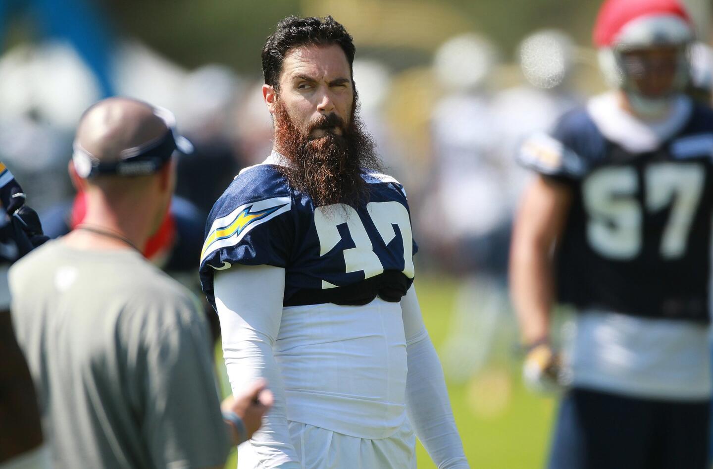 Chargers safety Eric Weddle had a light moment out on the field at Chargers Park on the first day of camp.