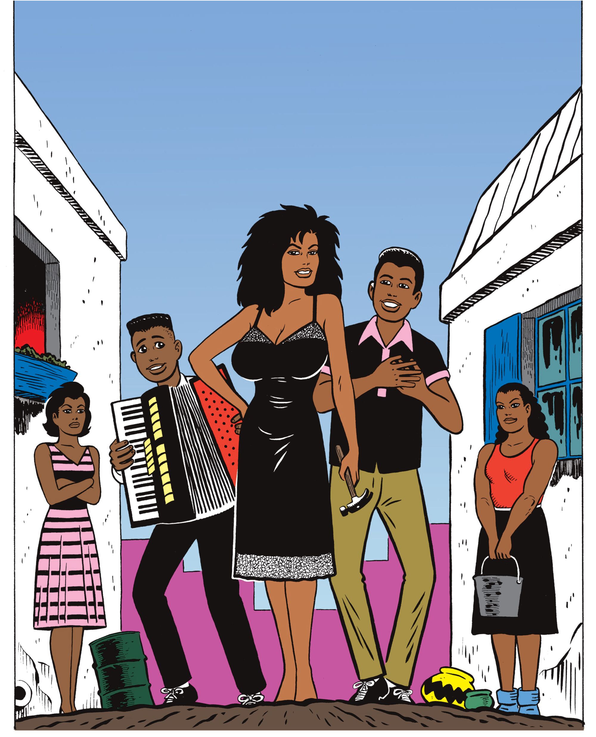 An illustration shows "Love & Rockets" heroine Luba in a black dress holding a hammer and framed by other characters