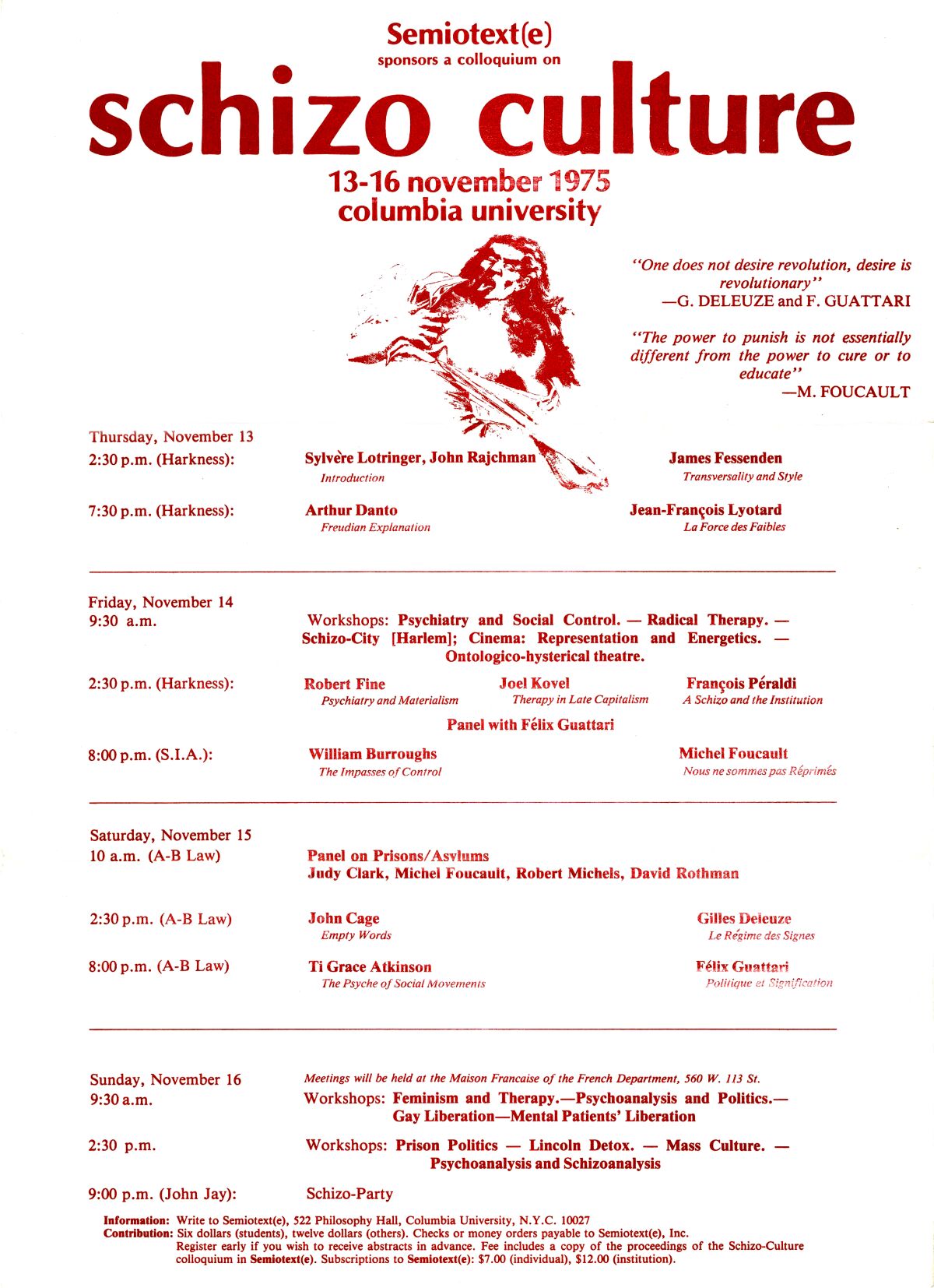 An event flyer features the words "schizo culture" in red ink along with a drawing of a screaming figure