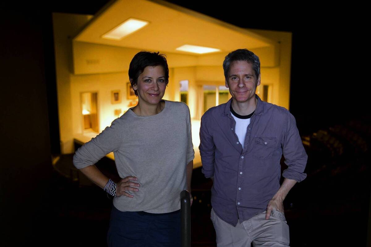 Director Anna D. Shapiro and playwright Bruce Norris on the set of the play "A Parallelogram" at the Mark Taper Forum in Los Angeles.