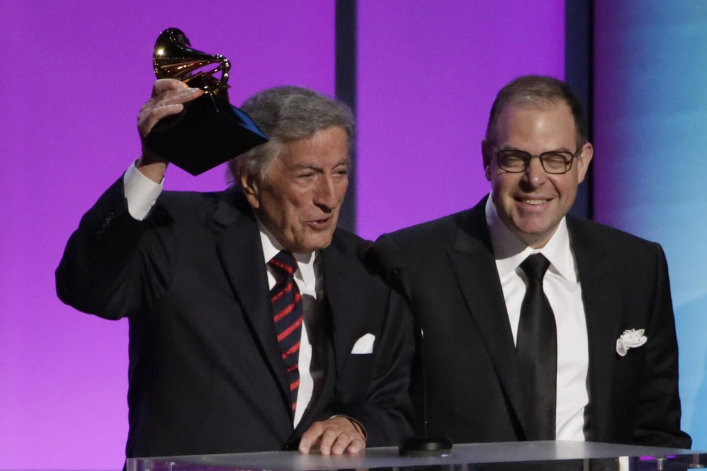 Tony Bennett and Bill Charlap accept the Grammy for traditional pop vocal album for "Tony Bennett & Bill Charlap, the Silver Lining: The Songs of Jerome Kern."