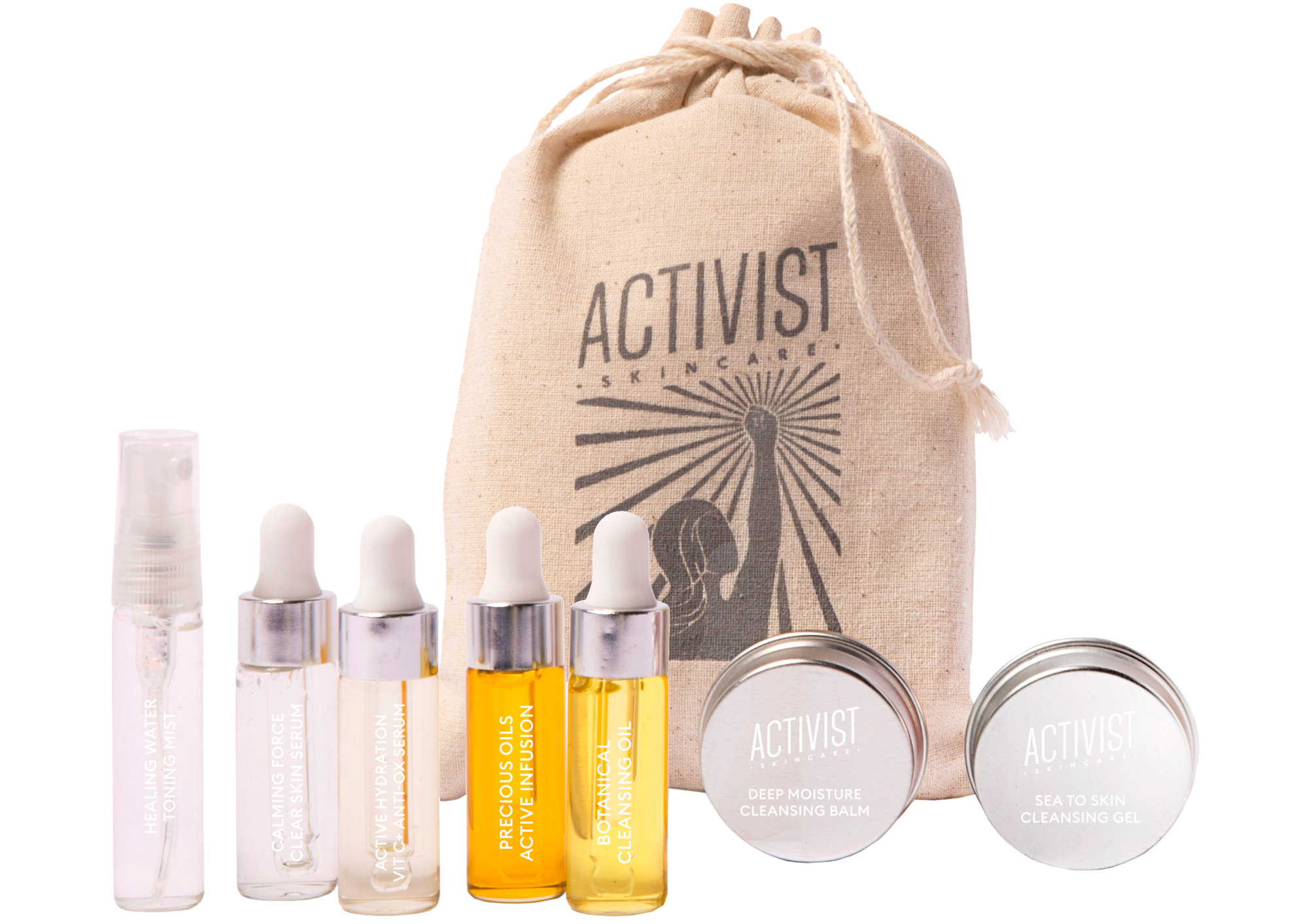 Activist Skincare trial kit features three cleansers, a hydrating toning mist, two serums and face oil with a drawstring bag