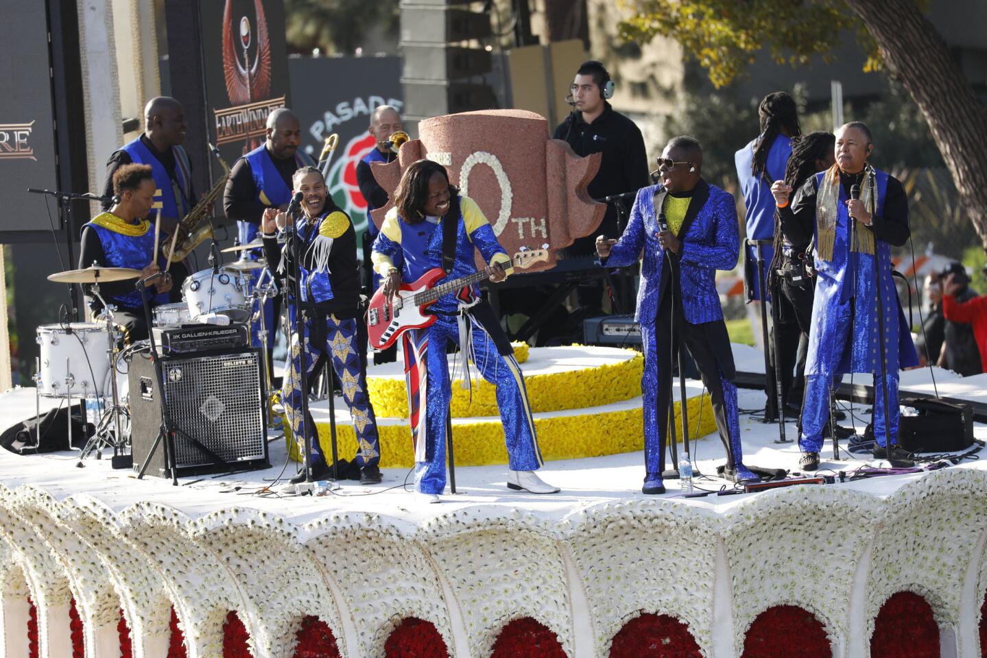 Earth, Wind & Fire performs atop The Forum "50th Anniversary of the Forum" float during the Rose Parade in Pasadena.