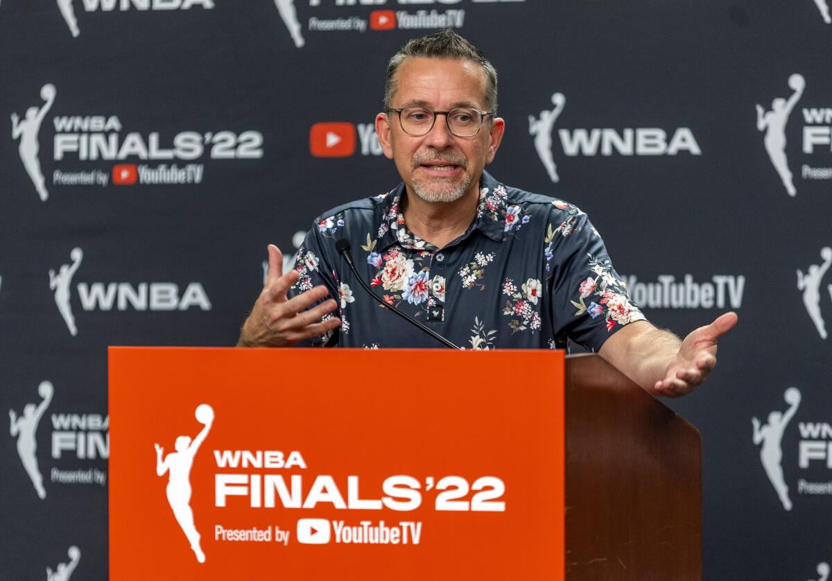 Connecticut Sun coach Curt Miller answers questions during a news conference