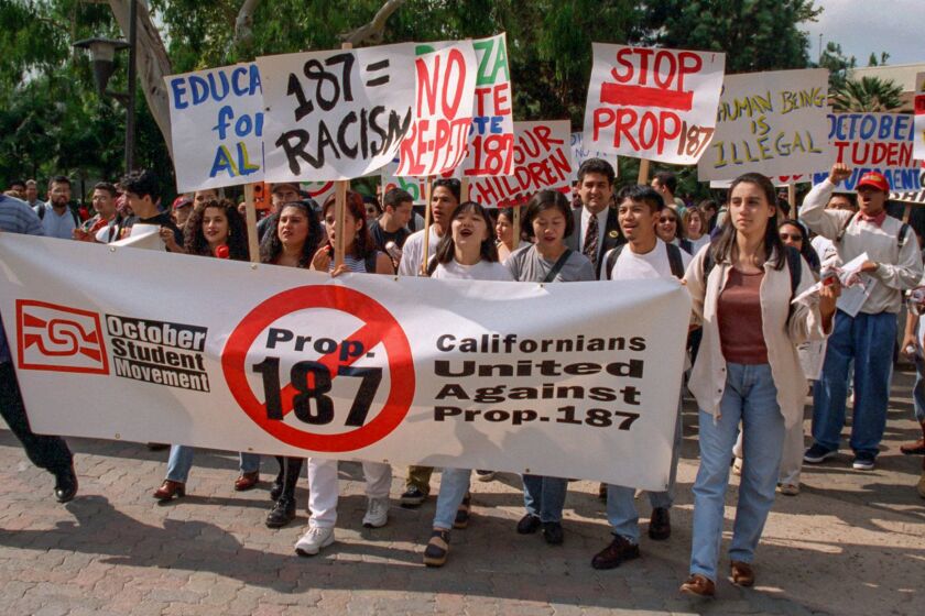 Oct. 6, 1994: Two hundred UCLA students march in protest of prop 187. Protests were held at about 20 other college and university campuses in California.