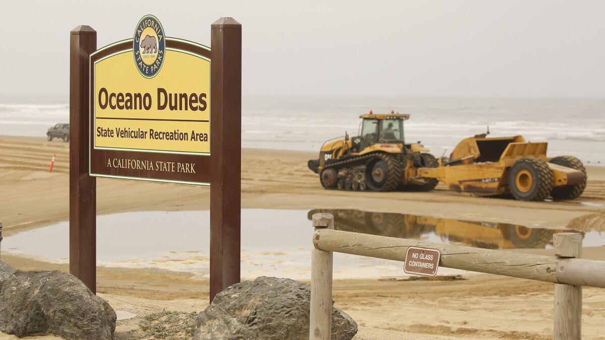 A sign marks the entrance to the dune formations at Oceano Dunes state park. An off-road motorcyclist was killed there over the weekend.