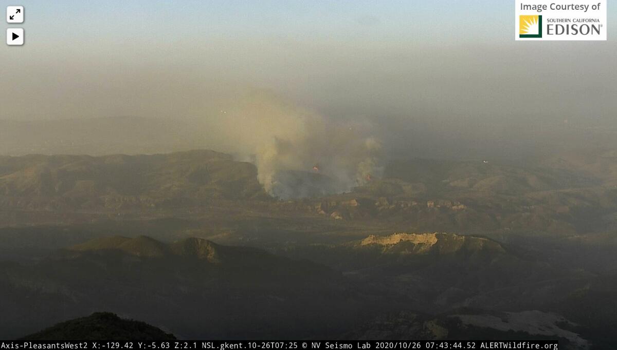 Remote camera image of Silverado fire burning in Orange County, Oct. 26, 2020.