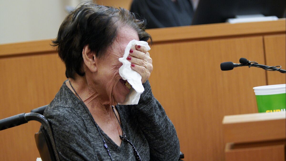 Lorraine Vega who in a previous case was abused by Shirley Montana, sobs during her testimony Wednesday in San Diego Superior Court.