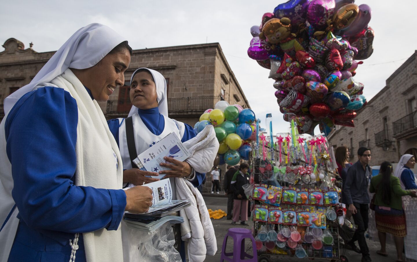 Nuns in the square at the Morelia Cathedral as preparations continue for Pope Francis' arrival in Morelia, Michoacan.