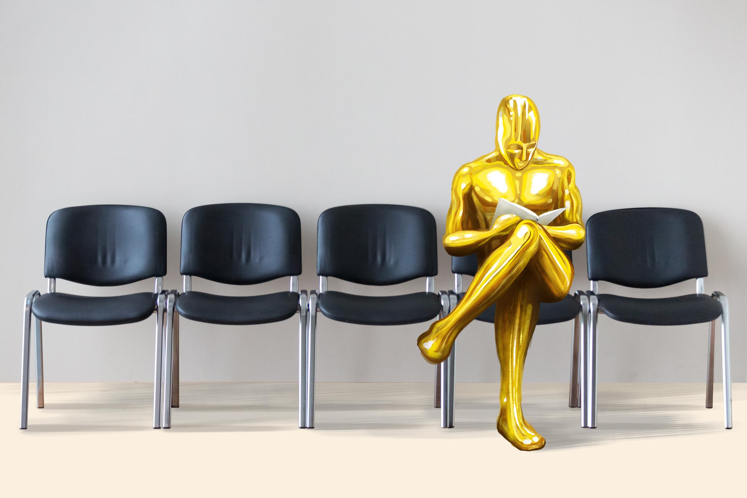 Illustration of Oscar statuette in a casting waiting room.