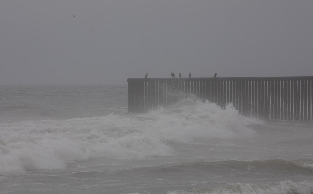 A large wave hits the border wall at Las Playas de Tijuana.