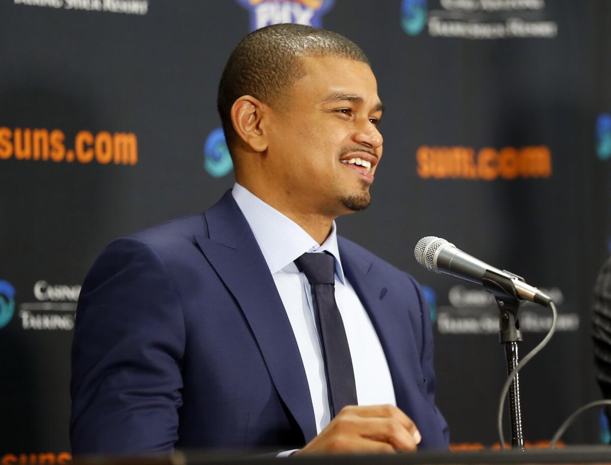 Suns Coach Earl Watson speaks at a news conference on Apr. 19 after being promoted from interim head coach.