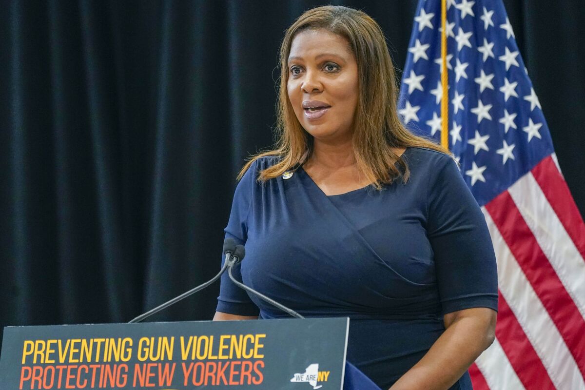New York Attorney General Letitia James speaks during a ceremony where Gov. Kathy Hochul signed a package of bills to strengthen gun laws, Monday, June 6, 2022, in New York. (AP Photo/Mary Altaffer)