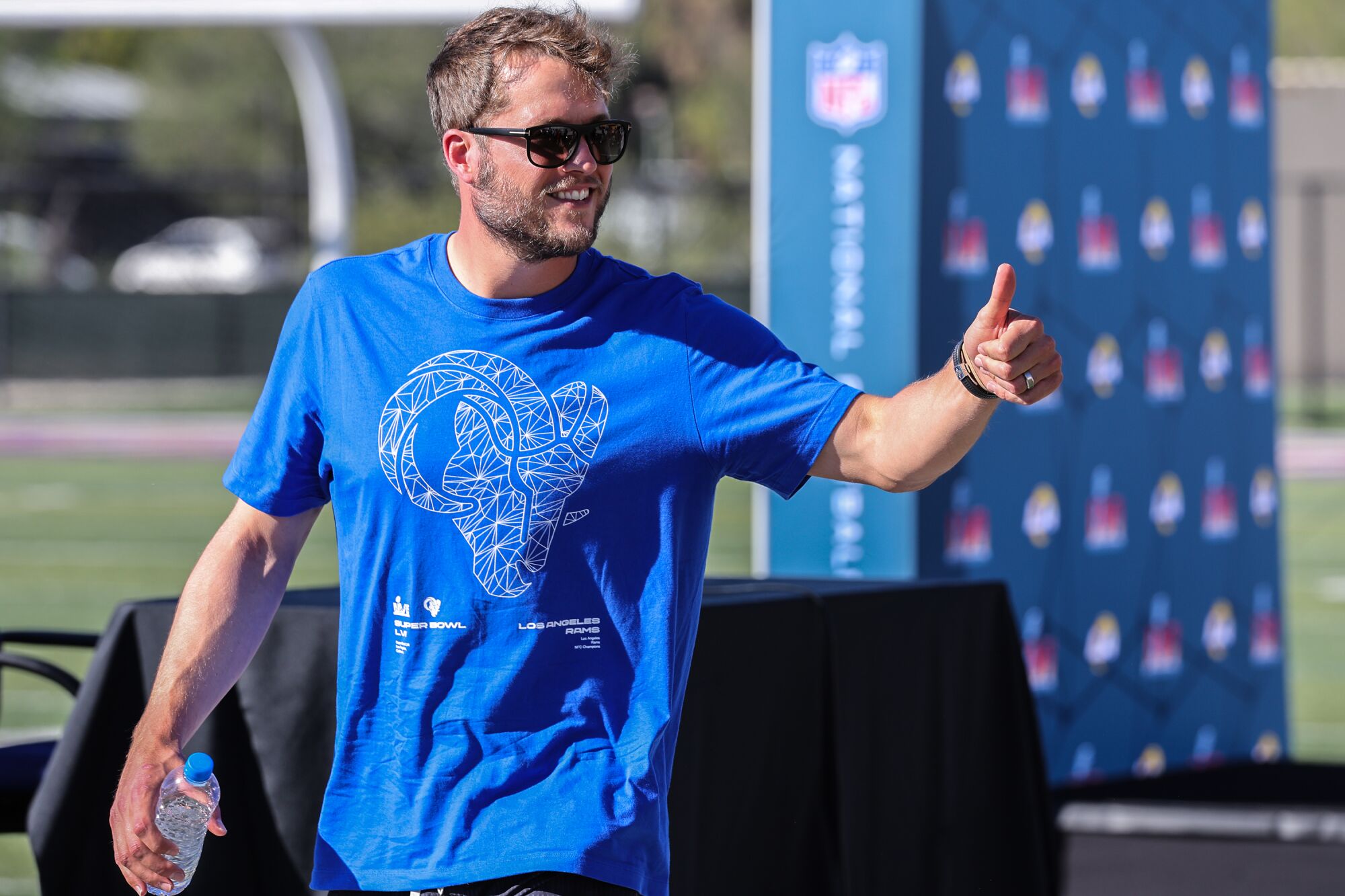 Rams quarterback Matthew Stafford leaves his station after answering questions at Super Bowl media day in Thousand Oaks.