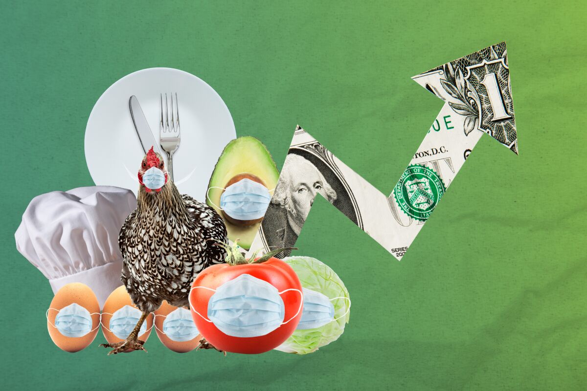 Photo illustration of a chicken wearing a mask, a chefs hat, plate and utensils