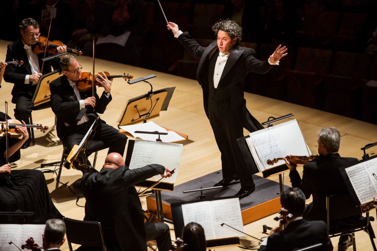Gustavo Dudamel conducts the LA Phil in Benjamin Britten's Young Apollo, Op.16, at the Walt Disney Concert Hall in Los Angeles, Calif., on Nov. 27, 2015.