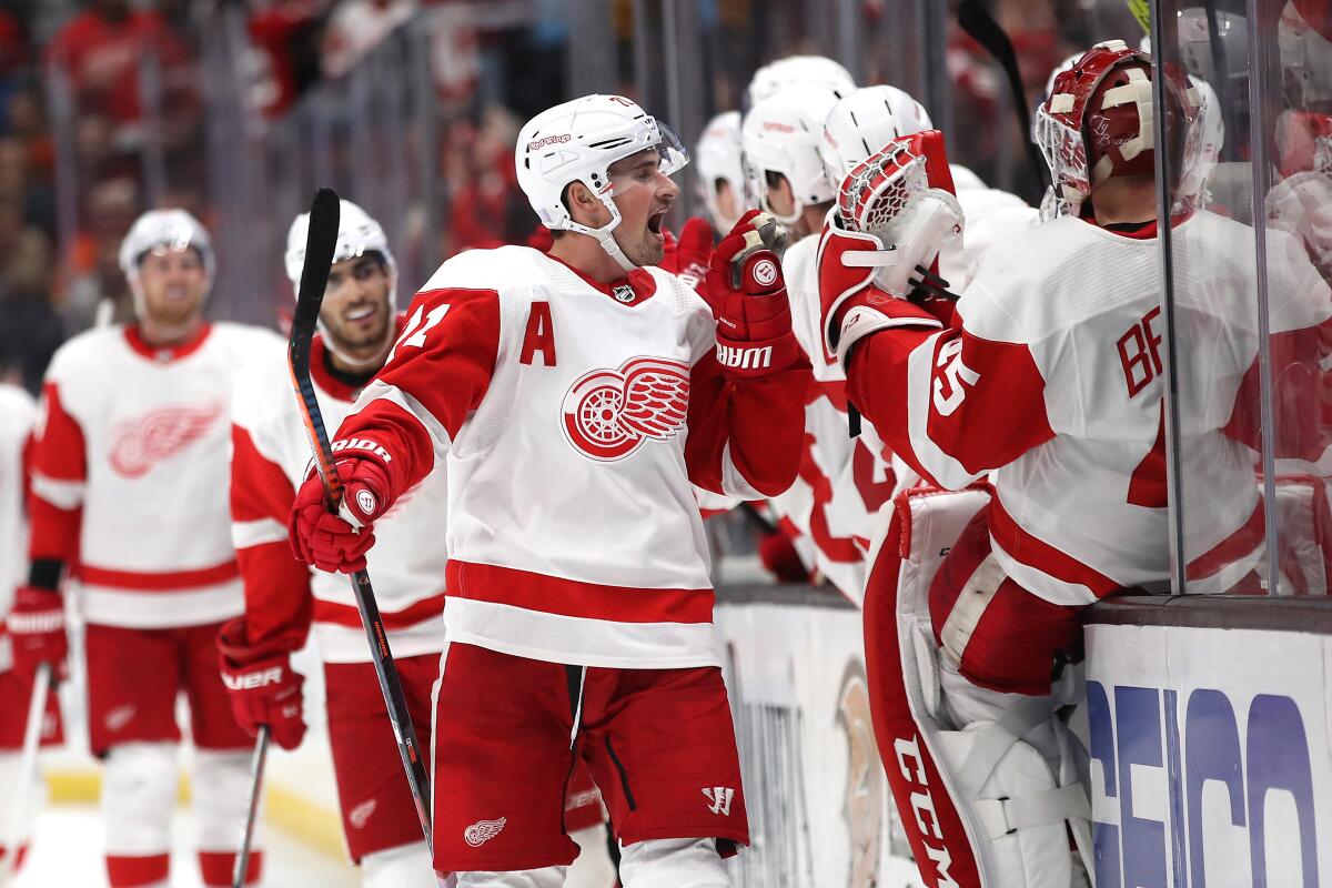 Dylan Larkin gets the Red Wings' bench going after scoring a goal against the Ducks on Nov. 12 at Honda Center. 