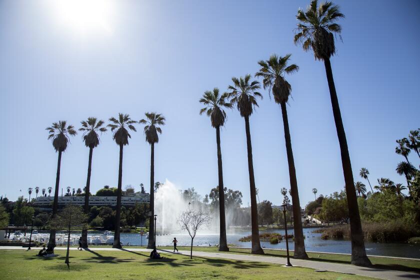 LOS ANGELES, CA - MARCH 23: Visitors to Echo Park enjoy the summer-like weather on Wednesday, March 23, 2022. It's been one year since the homeless were cleared from the park. A fence encircles the park as a deterrent. (Myung J. Chun / Los Angeles Times)
