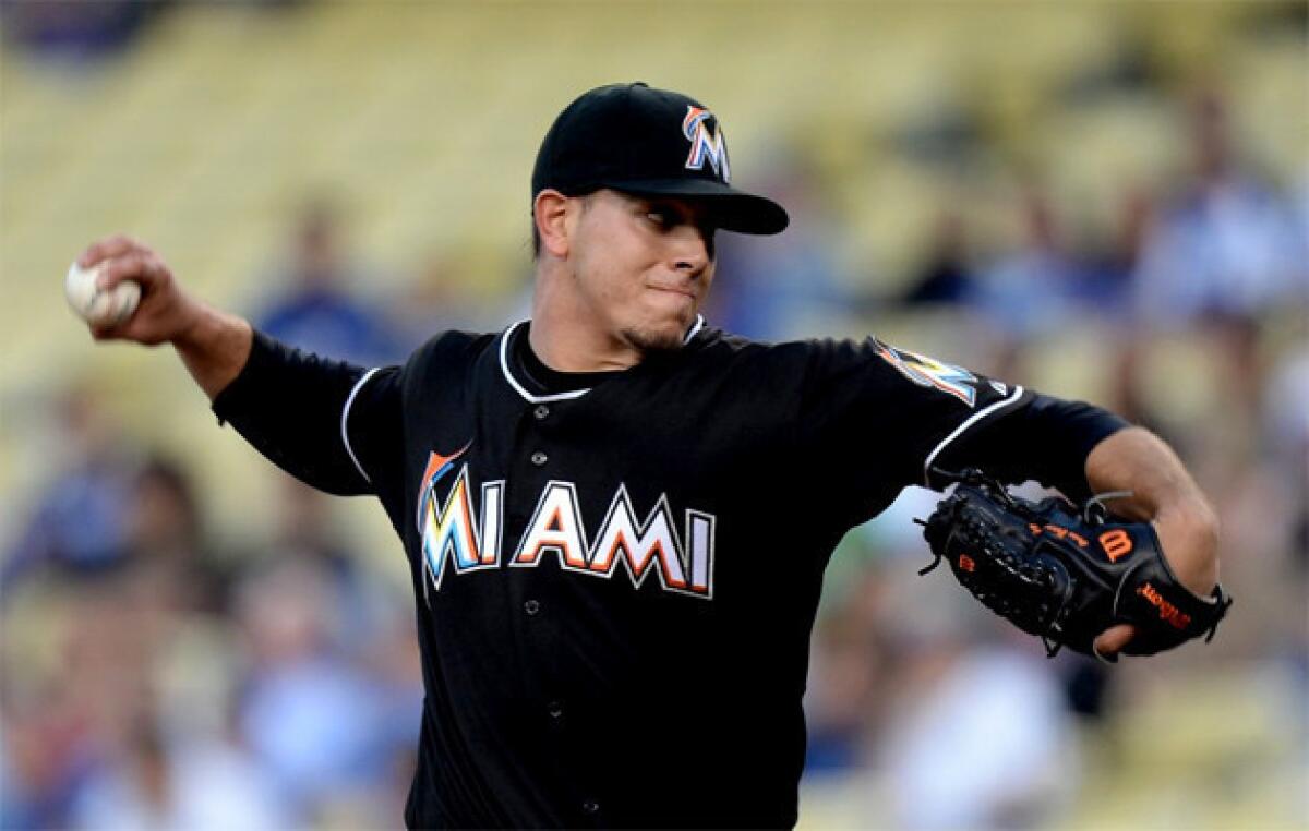 Miami Marlins' Jose Fernandez pitches during the first inning of a game against the Los Angeles Dodgers.