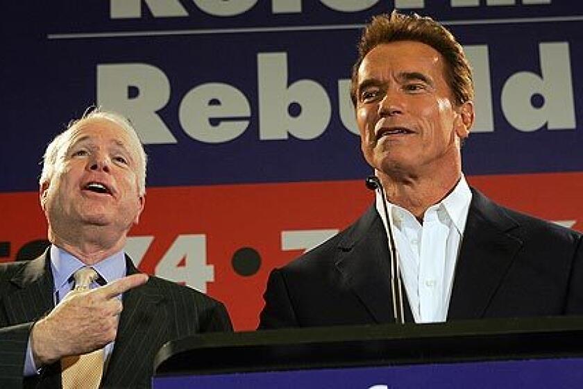 Sen. John McCain supported Arnold Schwarzenegger in 2005, during the governor's special-election campaign. Schwarzenegger is expected to endorse McCain's bid for the presidency.