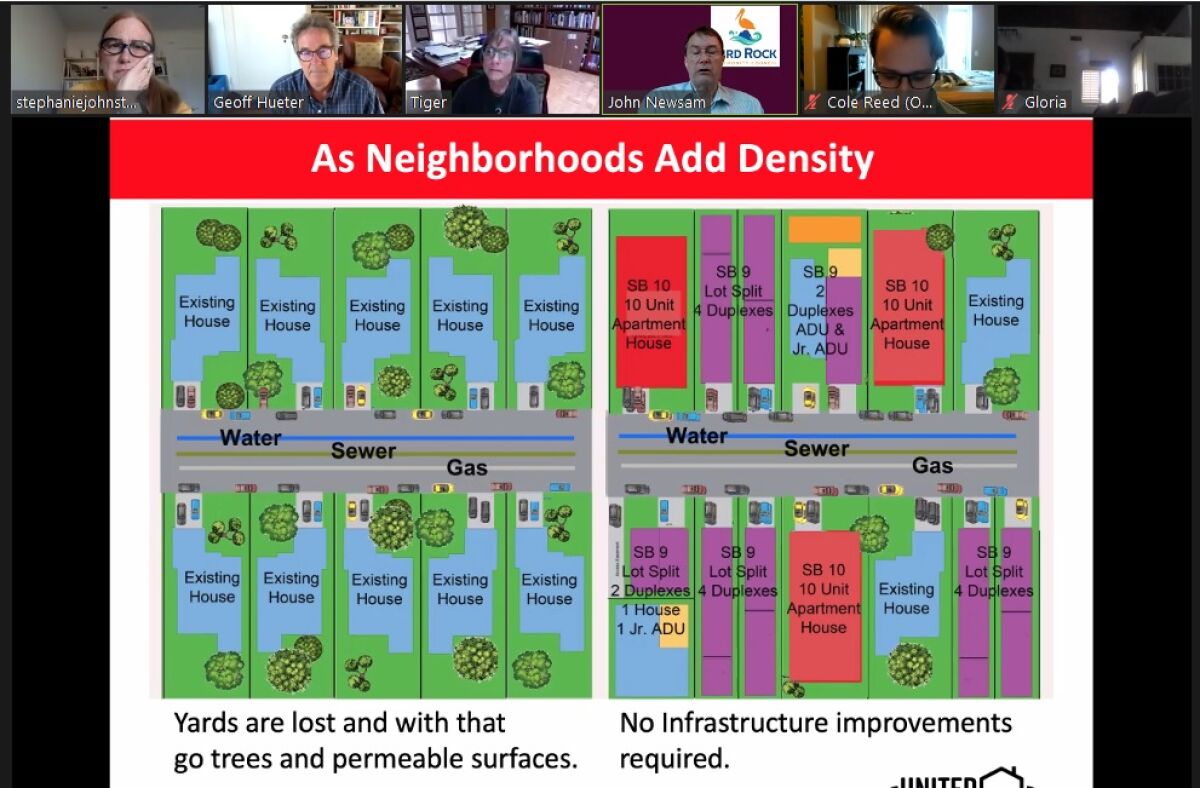 A slide shows development that could occur under state Senate Bills 9 and 10.