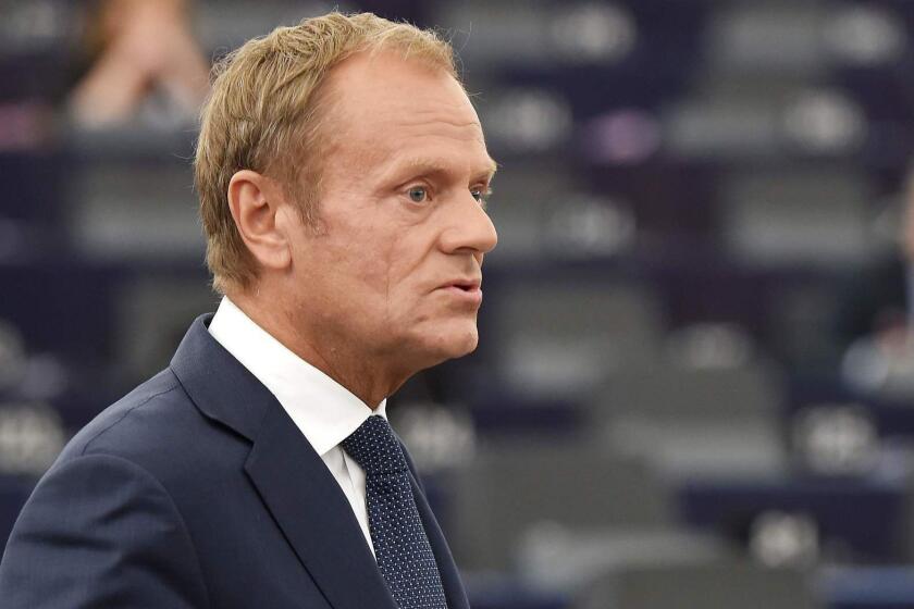 European Council President Donald Tusk speaks at a debate on the outcome of the 28-29 June European Union (EU) summit during a plenary session at the European Parliament on July 3, 2018 in Strasbourg, eastern France. / AFP PHOTO / FREDERICK FLORINFREDERICK FLORIN/AFP/Getty Images ** OUTS - ELSENT, FPG, CM - OUTS * NM, PH, VA if sourced by CT, LA or MoD **