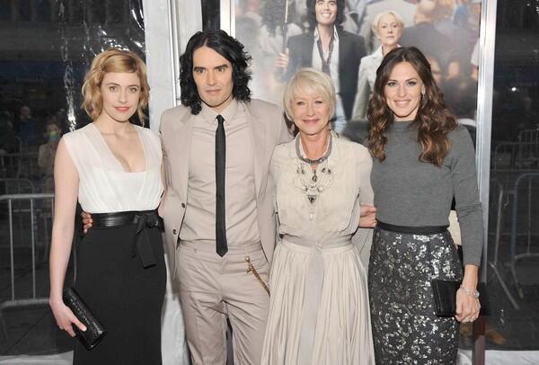 "Arthur," the remake of the Dudley Moore classic about a rich playboy with a touch of Peter Pan syndrome who finds himself falling in love, stars Russell Brand, second from left, as the title blockhead. This film has a strong female cast, as can be seen in this picture of Brand at the premiere in New York with his leading ladies: Greta Gerwig, left, Helen Mirren and Jennifer Garner. The new "Arthur" opens in theaters Friday.