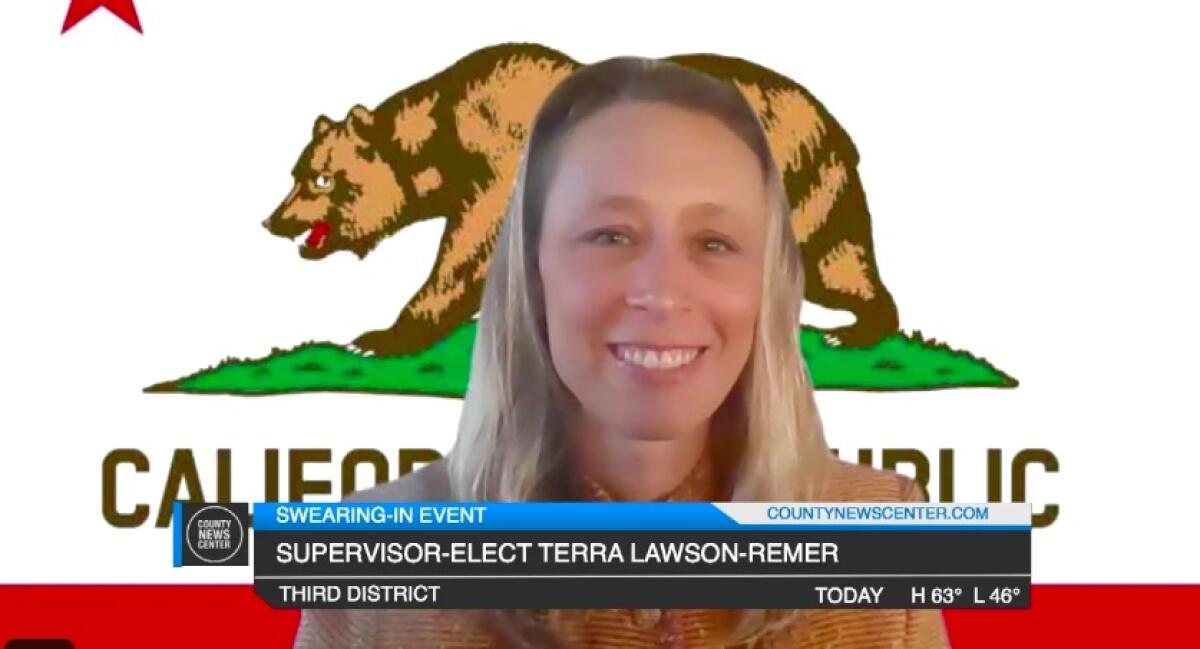 San Diego County Supervisor Terra Lawson-Remer took the oath of office in a virtual ceremony on Jan. 4.