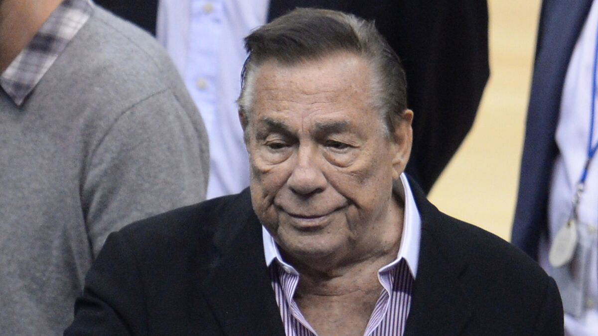 Former Clippers owner Donald Sterling at a playoff game between the Clippers and Golden State Warriors at Staples Center in April 2014.
