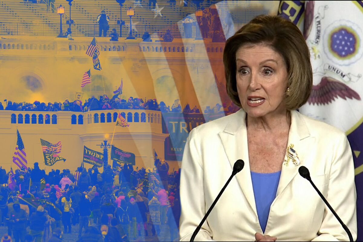 Nancy Pelosi speaks into a microphone in front of a photo of people attacking the Capitol 