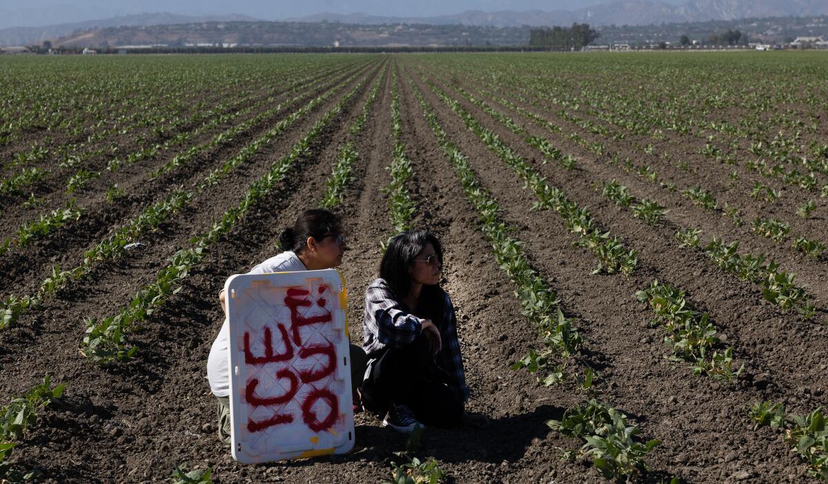 two women crouch down in a fields with an sign that reads ICE OUT