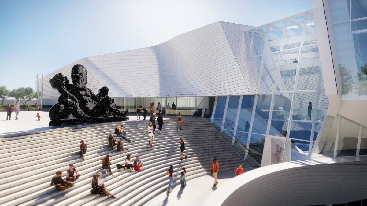 A rendering of a sculpture beside a museum.
